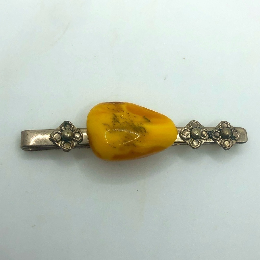 Vtg Baltic Amber Floral Silver Tone Metal Money / Tie Clip 2.2” / 1” Amber Stone